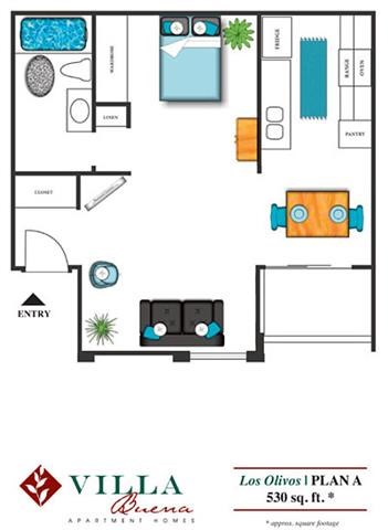 Floor plan for studio, 1 bath, 530 sqft